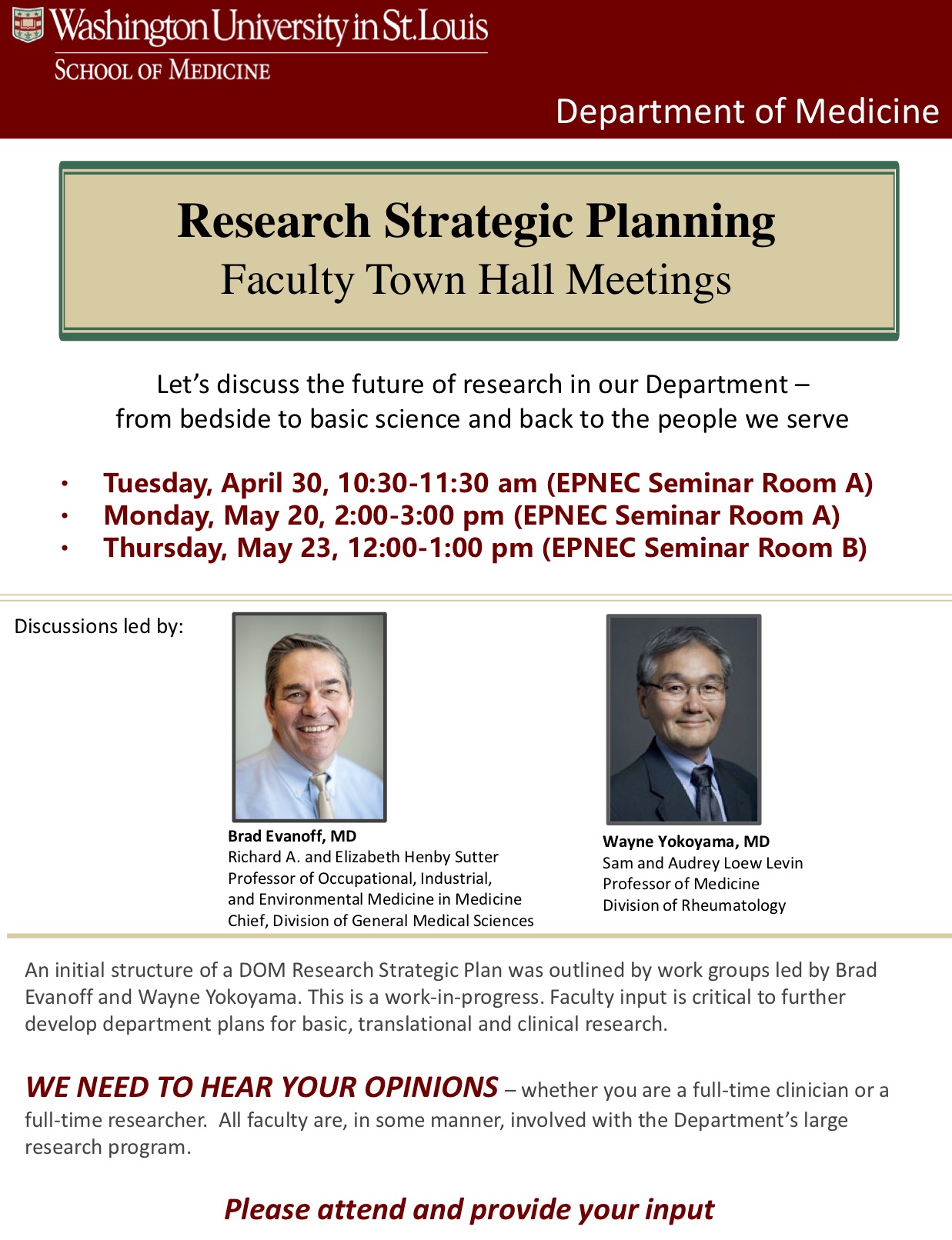 Department of Medicine, Research Strategic Planning- Faculty Town Hall Meetings