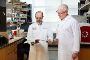 Washington University School of Medicine in St. Louis scientists Michael S. Diamond, MD, PhD, (left) and Sean Whelan, PhD, lead a team working to minimize the risk of another devastating coronavirus pandemic by designing a vaccine that reduces sickness and death caused by all potentially deadly coronaviruses, including ones that have not yet affected people. The research is supported by an $8 million grant from the National Institute for Allergy and Infectious Diseases of the National Institutes of Health (NIH).