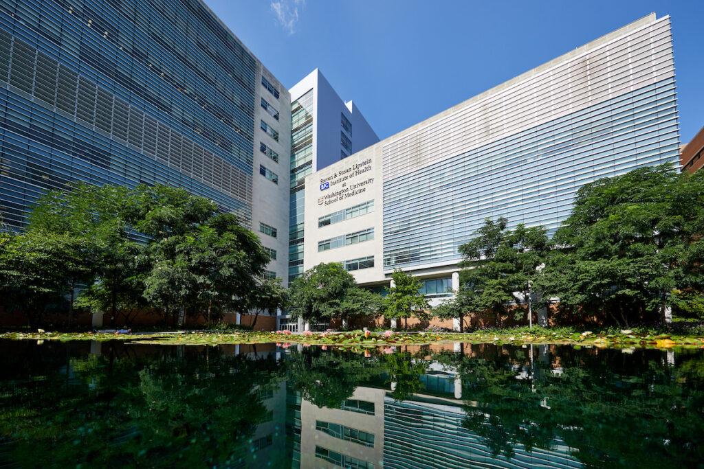 Photos of Hope Plaza, lily pads and the shield on the sign along Euclid on July 25, 2019. MATT MILLER/WASHINGTON UNIVERSITY SCHOOL OF MEDICINE