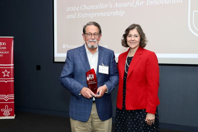 The 2024 Chancellor’s Award for Innovation and Entrepreneurship was presented to John F. DiPersio, MD, PhD, the Virginia E. and Sam J. Golman Endowed Professor of Oncology by Provost Beverly Wendland.