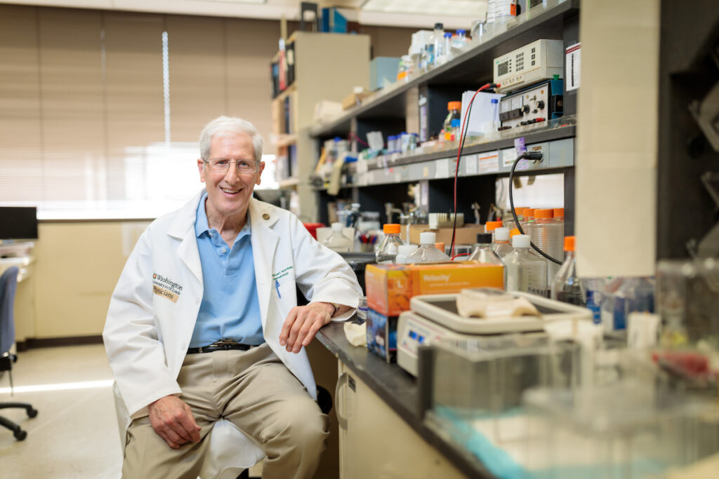 David C. and Betty Farrell Professor of Medicine, Stuart A. Kornfeld, MD, assistant professor Wang-Sik Lee, PhD, and associate professor Balraj Doray, PhD, look over test results in the Clinical Sciences Research Building on April 10, 2019. MATT MILLER/WASHINGTON UNIVERSITY SCHOOL OF MEDICINE Half-century of research illuminates how cells work in health, disease - Kornfeld reflects on knowledge gained from longest running NCI grant - Stuart Kornfeld, MD, has led the field of glycobiology — the study of sugars bound to proteins — for decades, fueled by the same grant from the National Cancer Institute (NCI) that first supported his lab more than 50 years ago. He reflects on his career and the advances made possible by the NCI's longest running research grant.