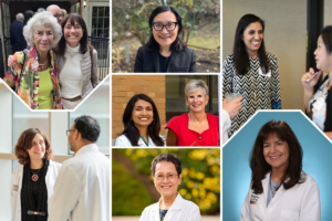 (top left) Carol Loeb with Dr. Lynn Cornelius (white top); (top center) Dr. Janet Lee; (top right) Dr. Rakhee Bhayani; (bottom left) Dr. Jennifer Philips (center) Drs. Sana Saif Ur Rehman and Elaine Majerus; (bottom middle) Dr. Christine Pham (bottom right) Dr. Peggy Kendall