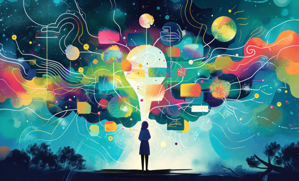 A digital illustration presenting a mind map that visually organizes personal goals, values, and aspirations. The scene is a harmonious convergence of interconnected thoughts and ideas.