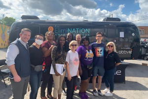 Dr. Nolan from Street Med STL with event coordinators, phelbotomists and staff from the Missouri Department of Medicaid during the Wellston Loop outreach event.