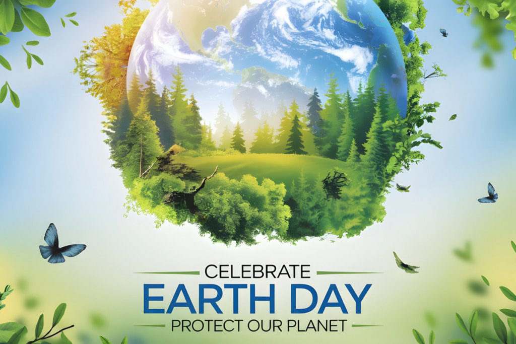 Earth Day celebration banner with vibrant nature elements and a planet-themed design.