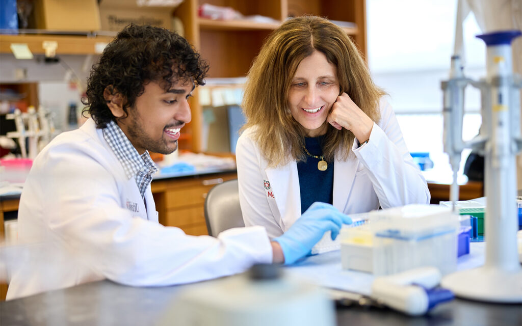 In her lab at the McDonnell Pediatric Research Building, Jennifer Philips, MD, PhD (right), co-director of WashU Medicine’s Division of Infectious Diseases, works with Sharvath Kathi, a graduate student in the Division of Biology & Biomedical Sciences. (Matt Miller/WashU Medicine)
