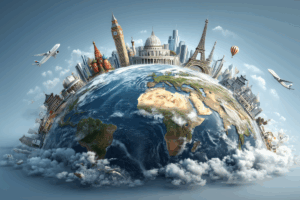 A miniature Earth showcases famous landmarks, airplanes, and clouds, symbolizing global travel and international destinations.