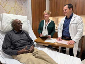 Elton Hendree, a patient with transthyretin amyloid involving his heart (ATTR cardiomyopathy) on the DepleTTR trial, discusses his case with Sandy Hutton, the lead trial research nurse coordinator, and Dr. Josh Mitchell, his cardiac amyloid specialist. As a part of the DepleTTR trial, Washington University in St. Louis is one of the major amyloid centers around the world testing the ability of an antibody (ALXN2200) to target amyloid in the heart and remove it from the body.