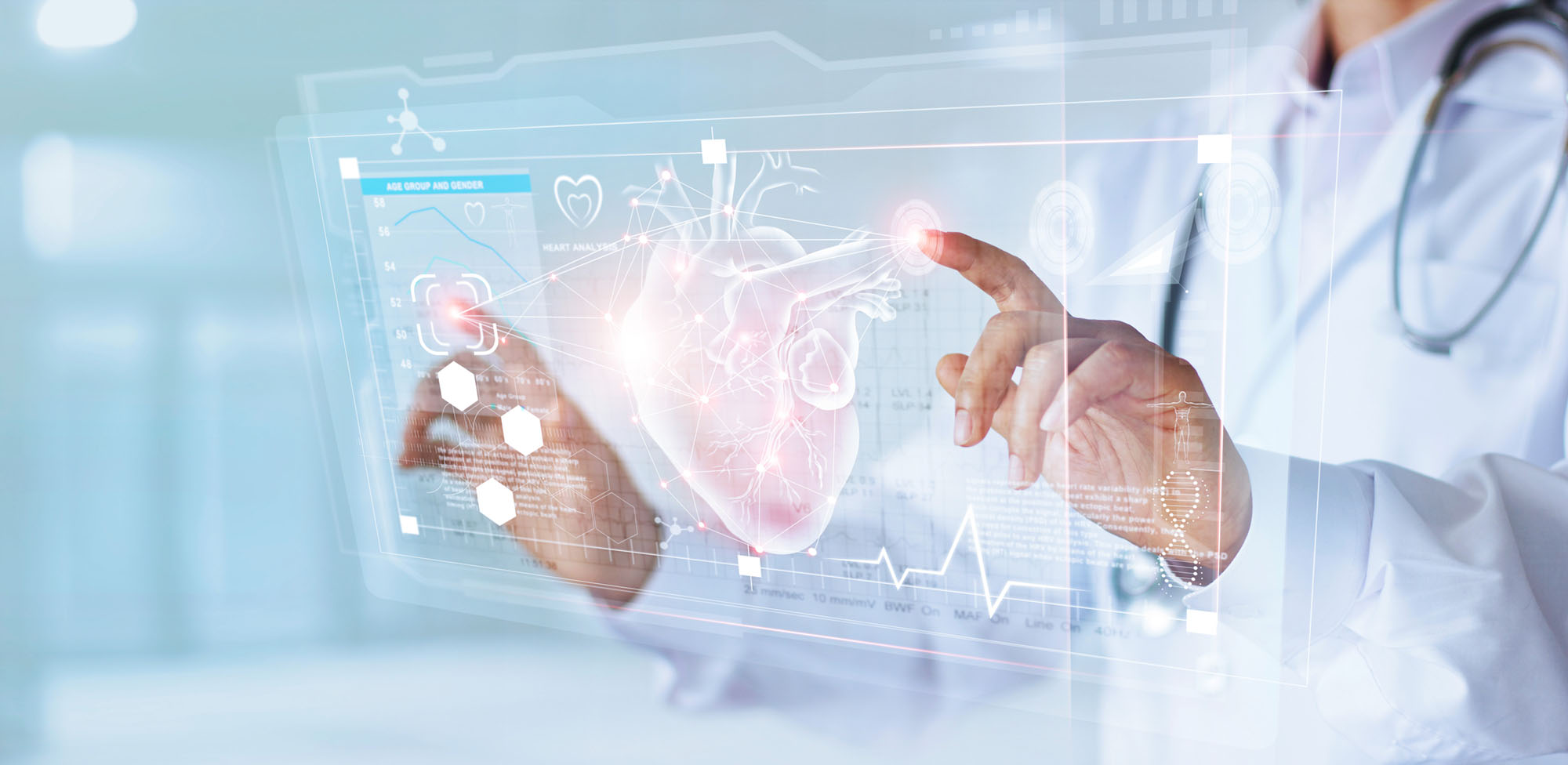 Medicine doctor and stethoscope touching icon heart and diagnostics analysis medical on modern virtual screen interface network connection. Medical technology diagnostics of heart concept