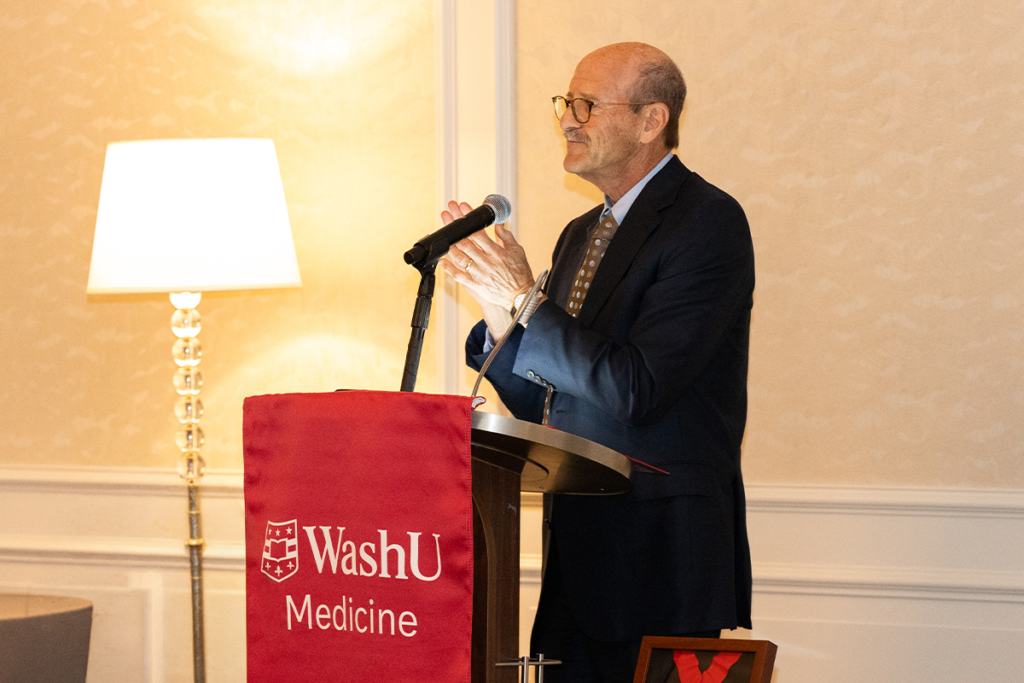 David Perlmutter, MD, executive vice chancellor for medical affairs, the Spencer T. and Ann W. Olin Distinguished Professor and the George and Carol Bauer Dean of WashU Medicine, recognizes the inaugural Dean’s Medal recipients honored in 2025 on the Medical Campus. (Photo: Erin Leu/WashU)