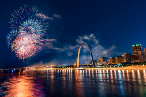 St. Louis, MO skyline with fireworks.
