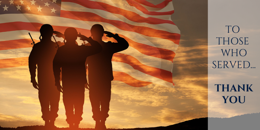 Three Veterans saluting to American flag