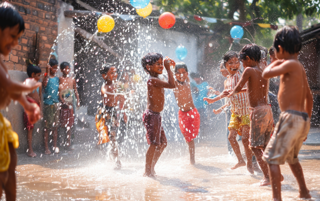 In a rural village, a group of children engages in a spirited water balloon fight, their vibrant water-soaked clothes mirroring the vivid colors of Holi. 