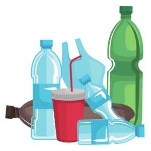 Graphic of plastic bottles and cups.